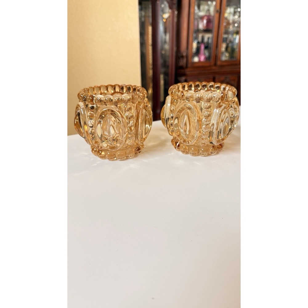 Vintage‎ Amber Glass Hobnail Candle Holders Set of 2 Votive Boho Decor